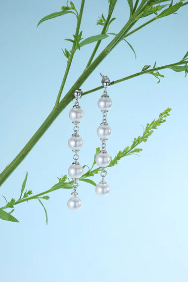 Pearl Beaded Silver Chain Earrings